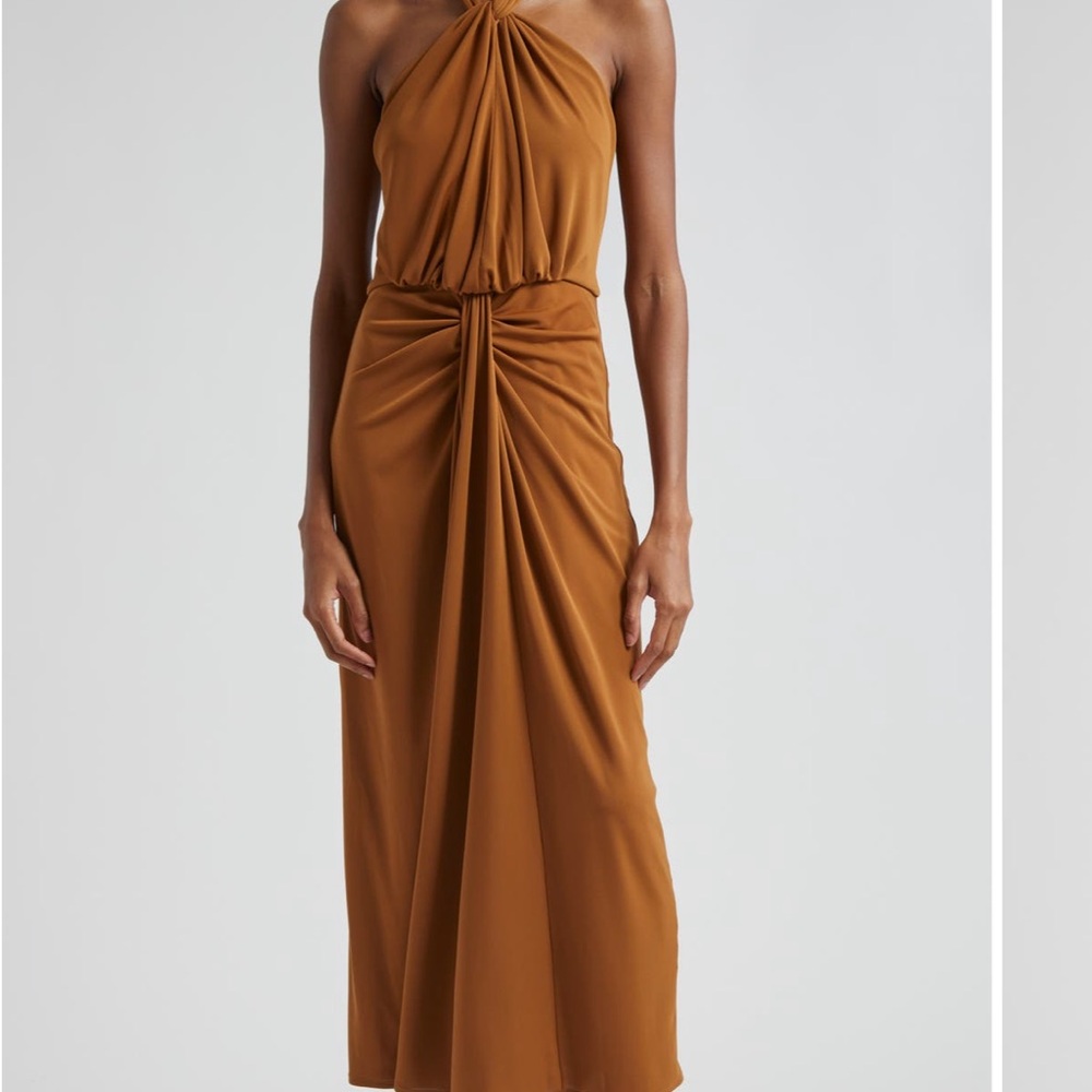 cinq a sept Camel Halter Draped Maxi Dress